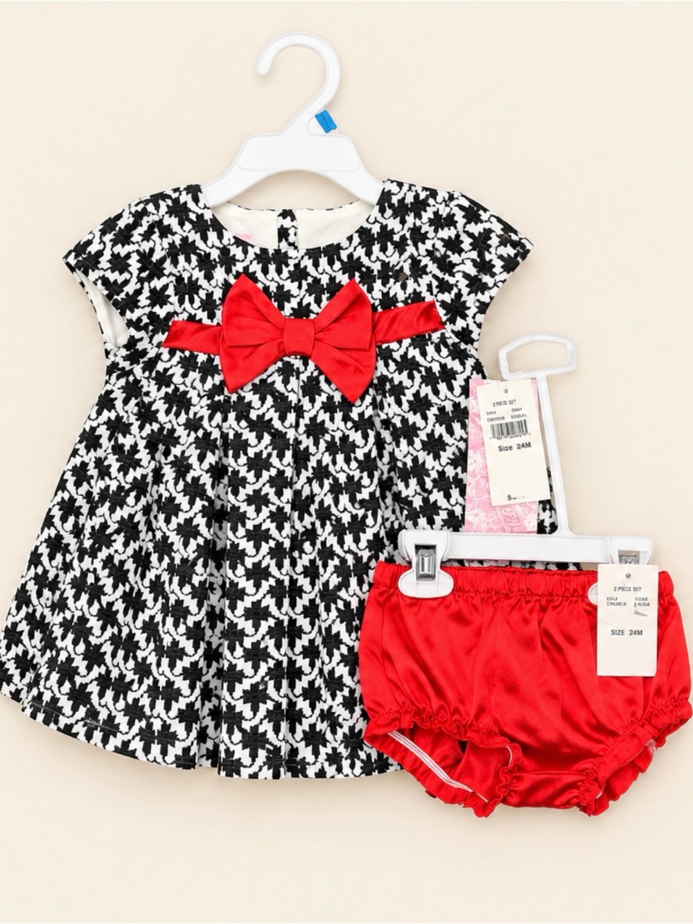 Black & White Houndstooth Baby Dress with Red Bow and Matching Red Bloomers